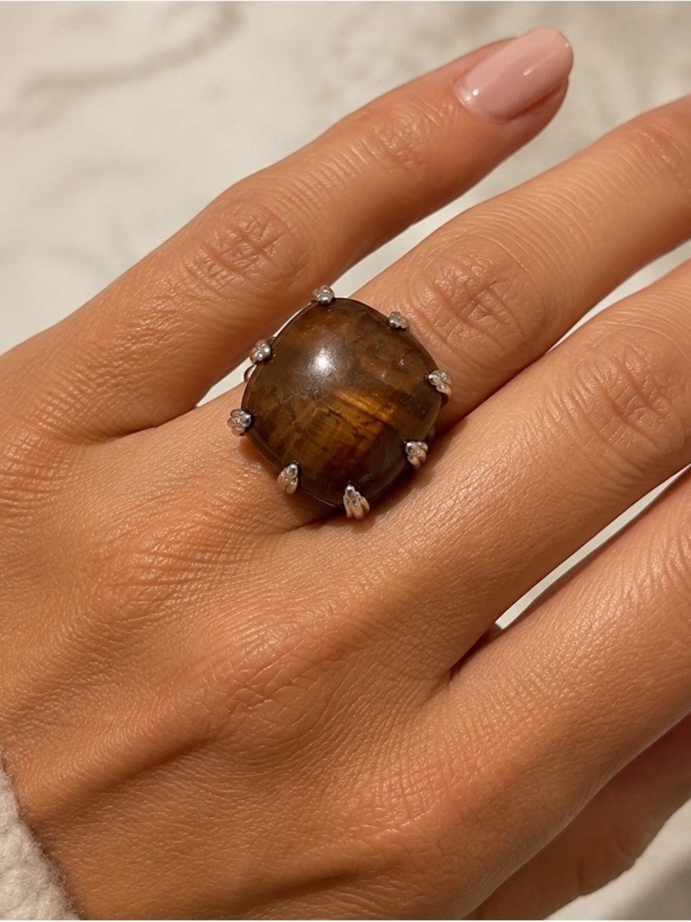 Vintage 925 Italy Sterling Silver Tiger Eye Statement Ring Large Gemstone